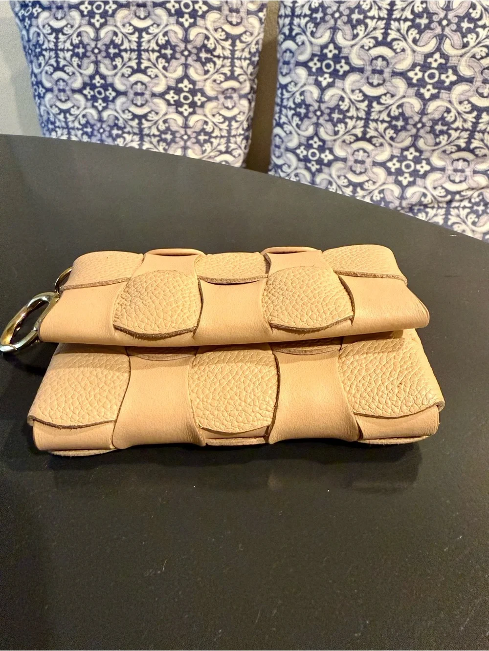Polene Beige Woven Leather Key & Card Holder